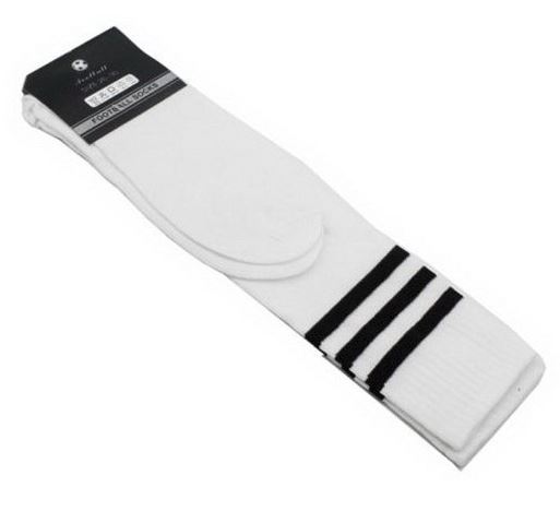 Mens Womens Sports Breathable Tube Long High Socks Knee Warm Casual Footy Soccer, White w Black Stripes V474-218665