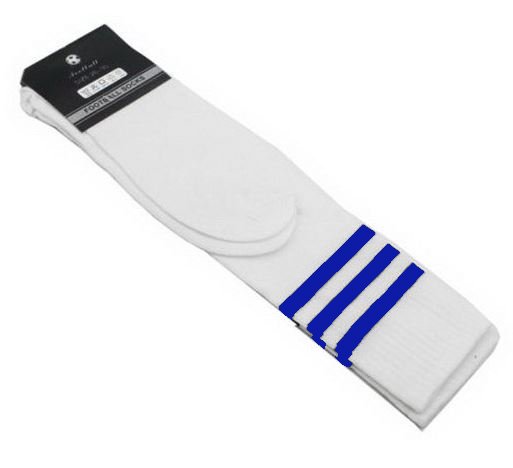Mens Womens Sports Breathable Tube Long High Socks Knee Warm Casual Footy Soccer, White w Blue Stripes V474-218666