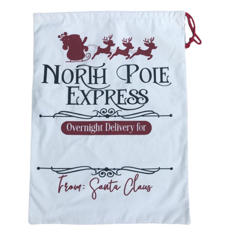 50x70cm Canvas Hessian Christmas Santa Sack Xmas Stocking Reindeer Kids Gift Bag, Cream - North Pole Express V474-226934