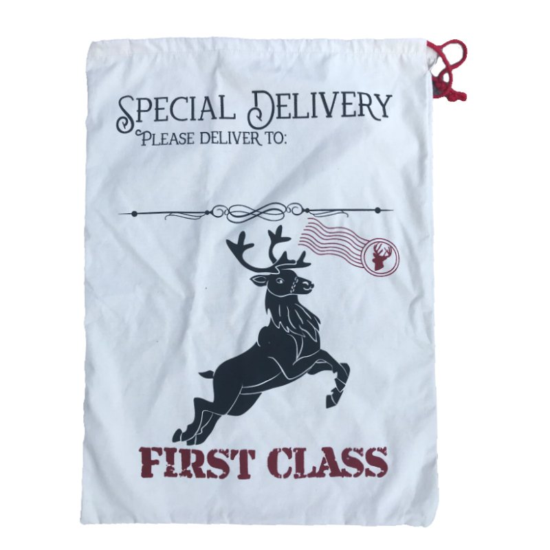 50x70cm Canvas Hessian Christmas Santa Sack Xmas Stocking Reindeer Kids Gift Bag, Cream - Reindeer First Class V474-226945