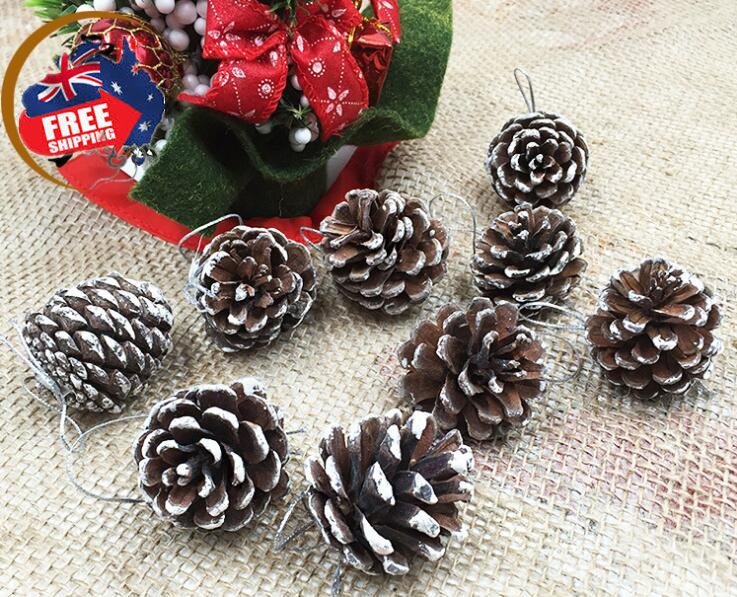 18 Christmas Natural Pine Cones Xmas Tree Hanging Home Decoration Ornament Gifts, 18x Natural w Snow Covered V474-227788