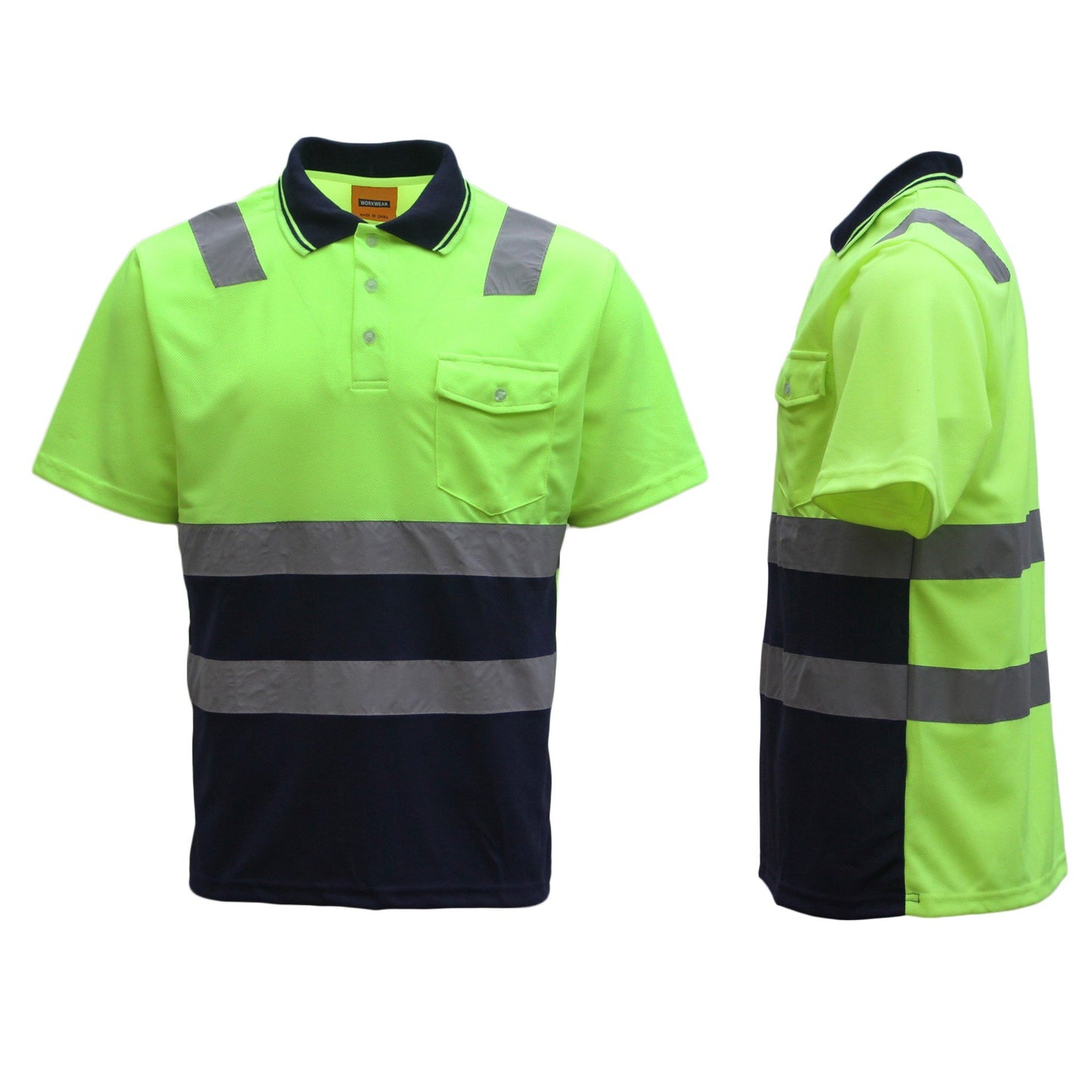 HI VIS Short Sleeve Workwear Shirt w Reflective Tape Cool Dry Safety Polo 2 Tone, Fluoro Yellow / Navy, 3XL V474-235299