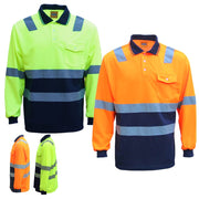 HI VIS Long Sleeve Workwear Shirt w Reflective Tape Cool Dry Safety Polo 2 Tone, Fluoro Orange / Navy, 3XL