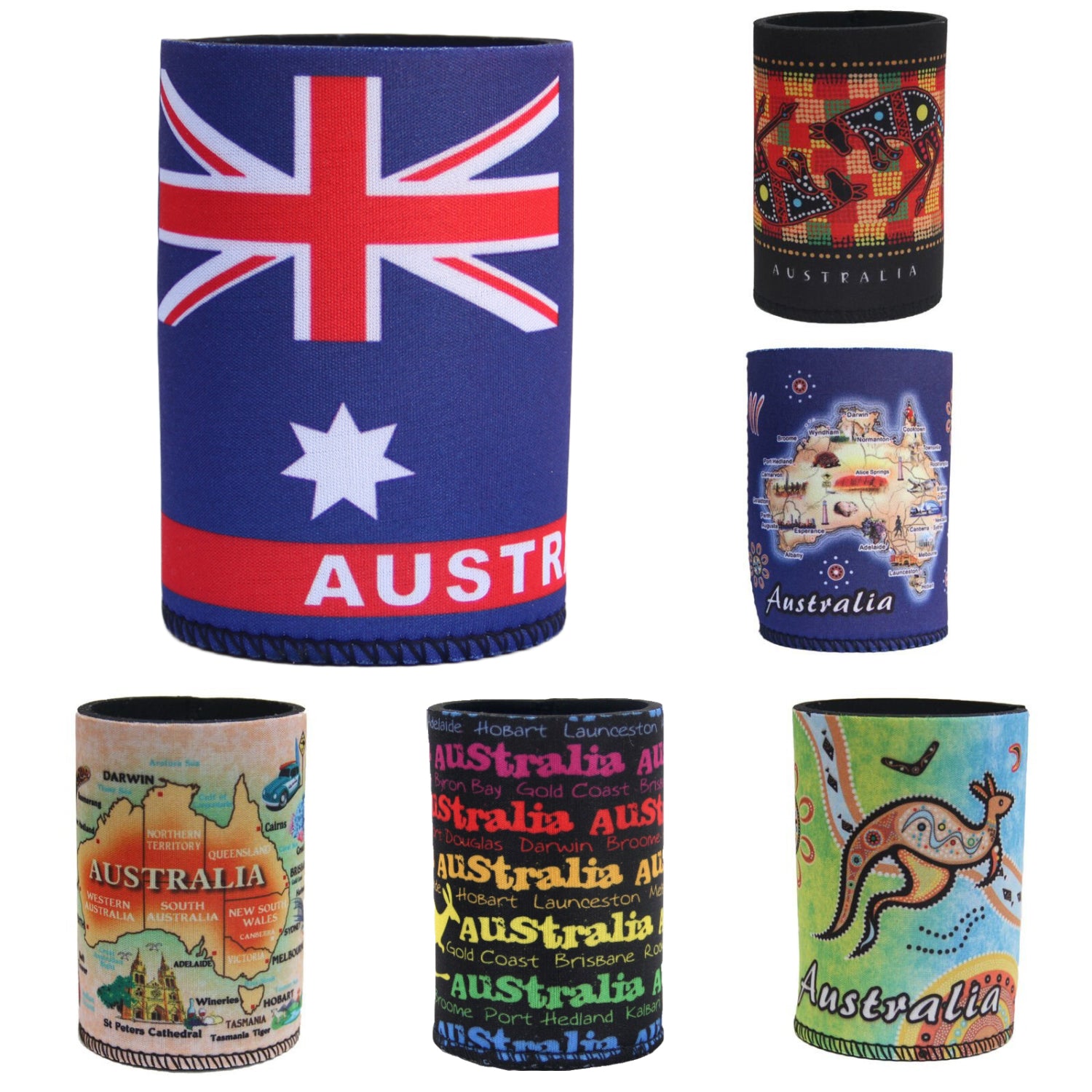 6x Australia Stubby Stubbie Holder Beer Bottle Tin Can Drink Alcohol Cooler Gift, Mixed Design V474-238840