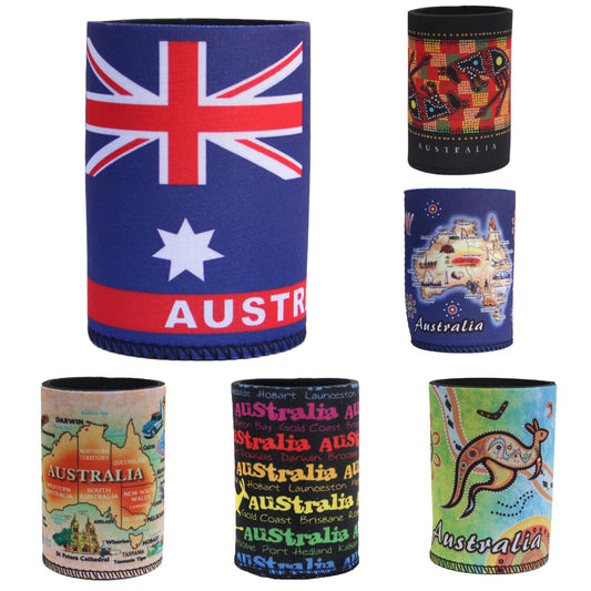 6x Australia Stubby Stubbie Holder Beer Bottle Tin Can Drink Alcohol Cooler Gift, Mixed Design V474-238840