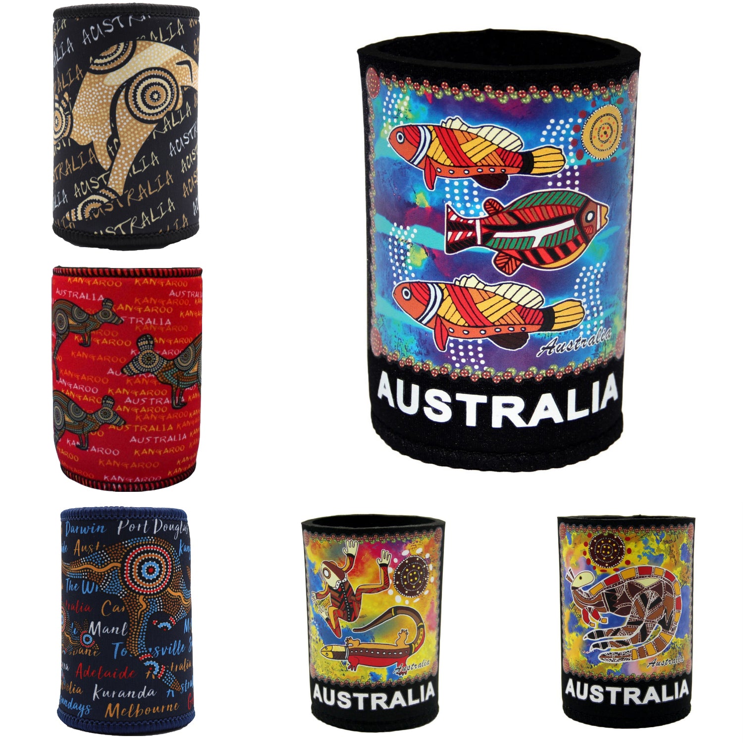 6x Australia Stubby Stubbie Holder Beer Bottle Tin Can Drink Alcohol Cooler Gift, Aboriginal Art V474-238847
