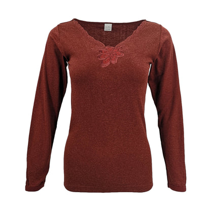 Womens Merino Wool Top Pants Thermal Leggings Long Johns Underwear Pajamas, Women's Floral Top - Burgundy, V474-251552