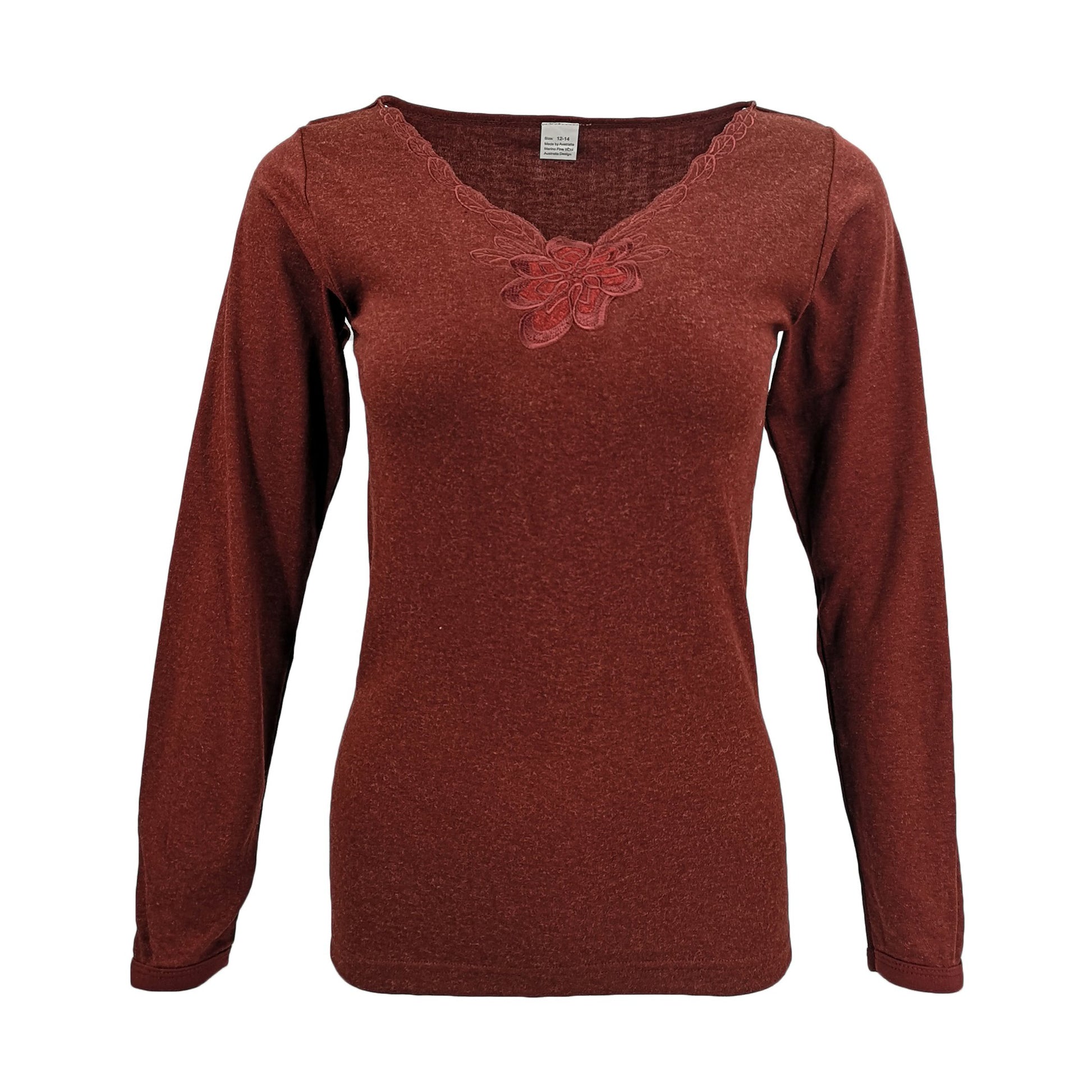 Womens Merino Wool Top Pants Thermal Leggings Long Johns Underwear Pajamas, Women's Floral Top - Burgundy, V474-251553