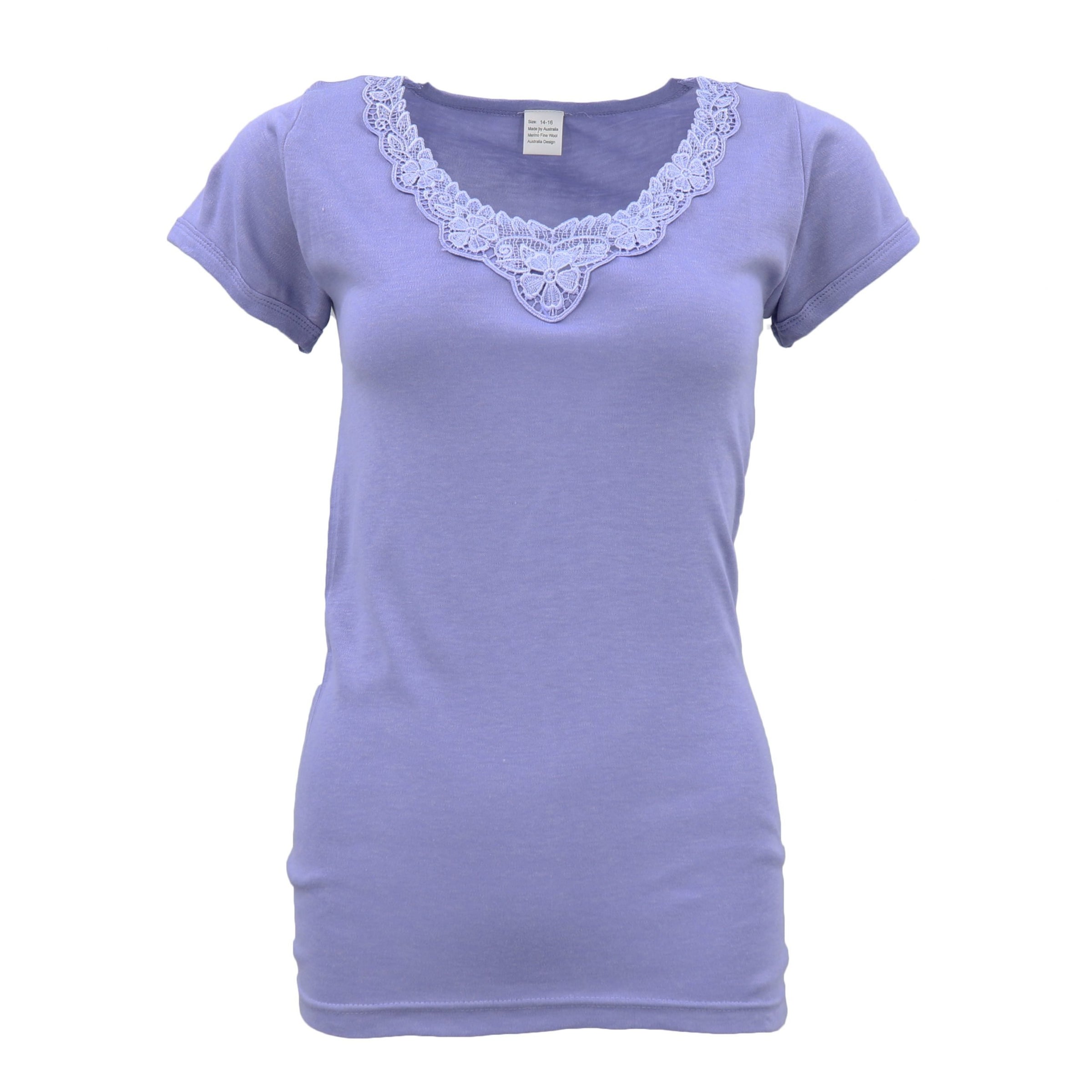 Womens Merino Wool Top Pants Thermal Leggings Long Johns Underwear Pajamas, Womens Short Sleeve - Lavender, V474-281279