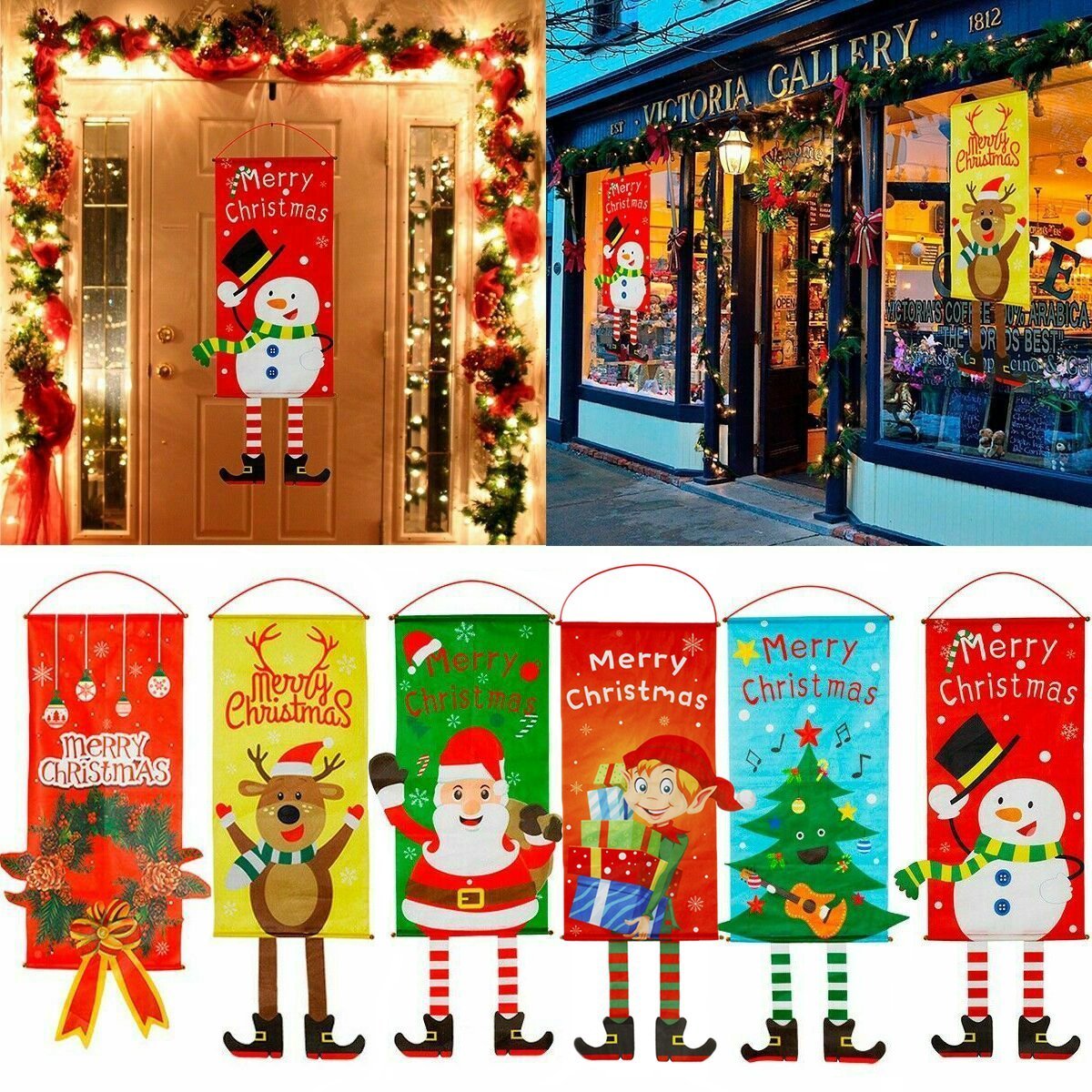 Christmas Hanging Banner Flag Door Window Decor Santa Reindeer Snowman Ornaments, Snowman V474-287828