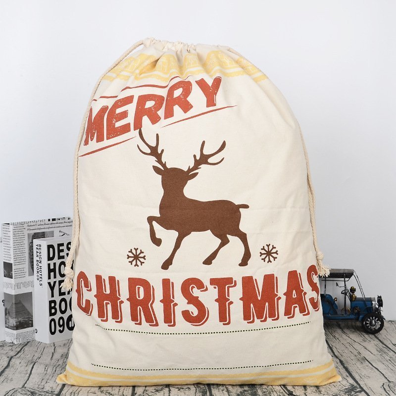 50x70cm Canvas Hessian Christmas Santa Sack Xmas Stocking Reindeer Kids Gift Bag, Cream - Reindeer V474-291887