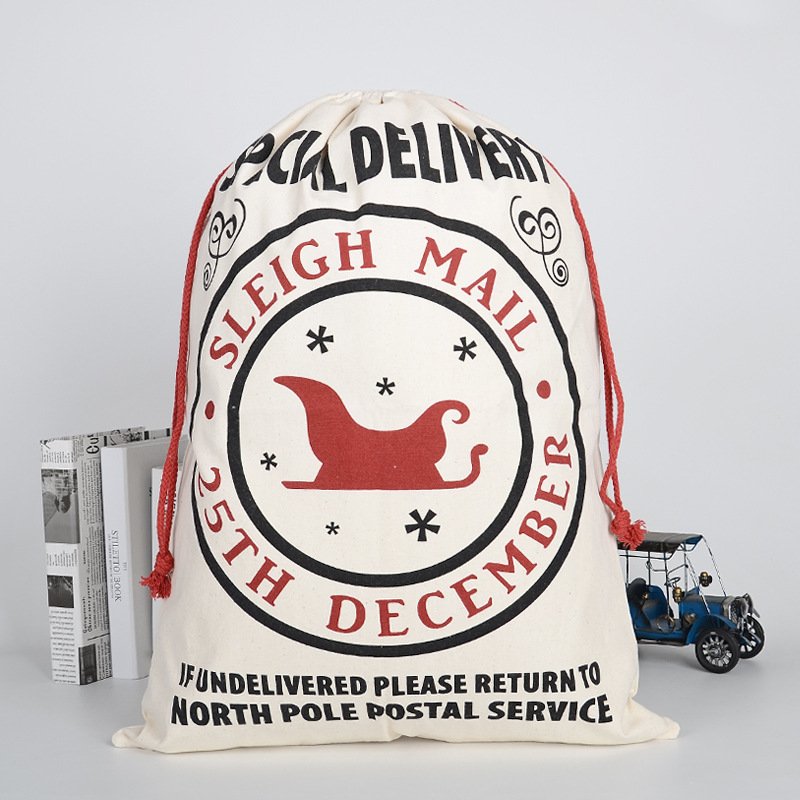 50x70cm Canvas Hessian Christmas Santa Sack Xmas Stocking Reindeer Kids Gift Bag, Cream - Sleigh Mail (3) V474-291891