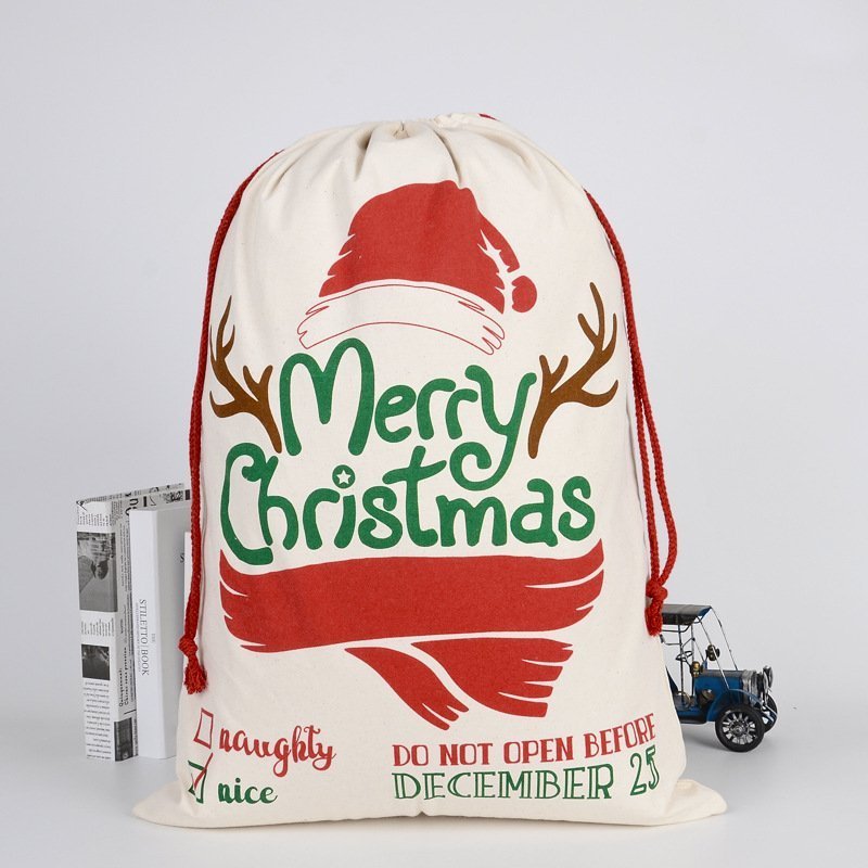 Large Christmas XMAS Hessian Santa Sack Stocking Bag Reindeer Children Gifts Bag, Cream - Merry Xmas w Antler V474-291897
