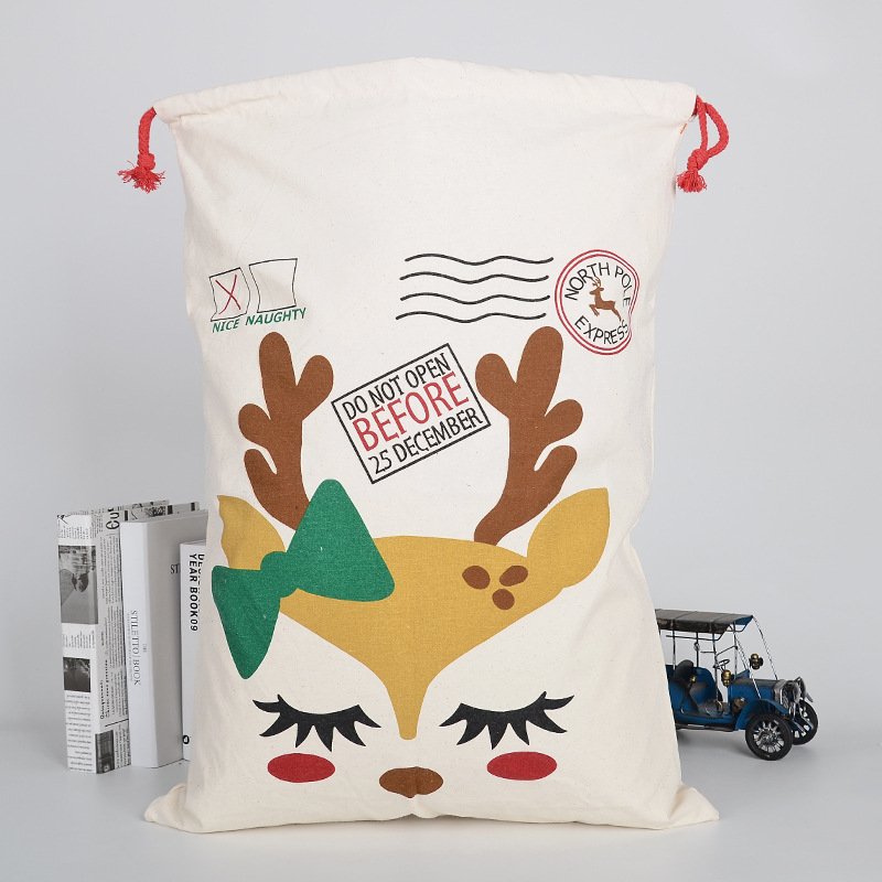 Large Christmas XMAS Hessian Santa Sack Stocking Bag Reindeer Children Gifts Bag, Cream - Reindeer Girl Makeup V474-291900
