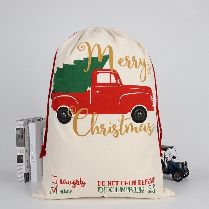 Large Christmas XMAS Hessian Santa Sack Stocking Bag Reindeer Children Gifts Bag, Cream - Tree In Truck V474-291905