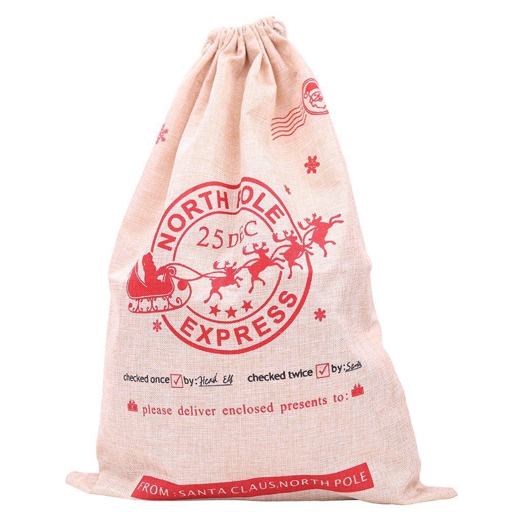 50x70cm Canvas Hessian Christmas Santa Sack Xmas Stocking Reindeer Kids Gift Bag, Hessian - North Pole Express V474-373119