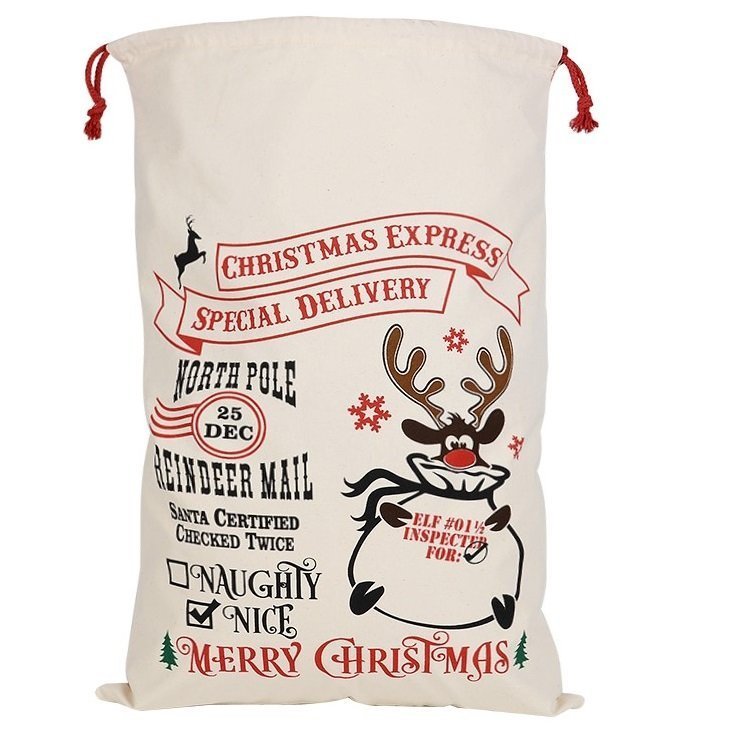 50x70cm Canvas Hessian Christmas Santa Sack Xmas Stocking Reindeer Kids Gift Bag, Cream - Reindeer Mail (2) V474-380067