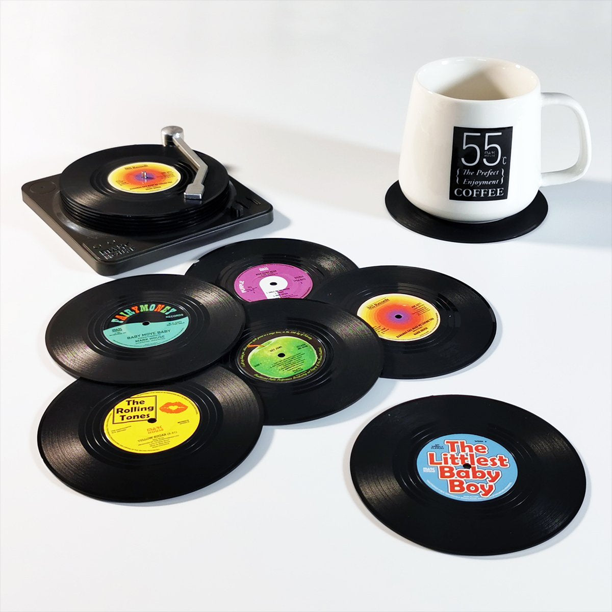 6x Creative Vinyl Record Cup Coasters w Holder Glass Drink Tableware Home Decor, A w/ Record Player Holder V474-393863