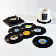 6x Creative Vinyl Record Cup Coasters w Holder Glass Drink Tableware Home Decor, B w/ Record Player Holder V474-393864