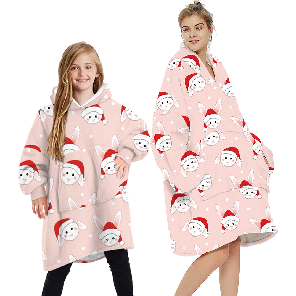 Oversized Soft Pullover Plain Hoodie Warm Fleece Blanket Plush Winter Sweatshirt, Christmas Bunny, Adult V474-438932