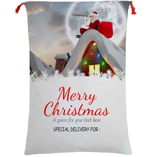 50x70cm Canvas Hessian Christmas Santa Sack Xmas Stocking Reindeer Kids Gift Bag, Santa On The Roof V474-462266