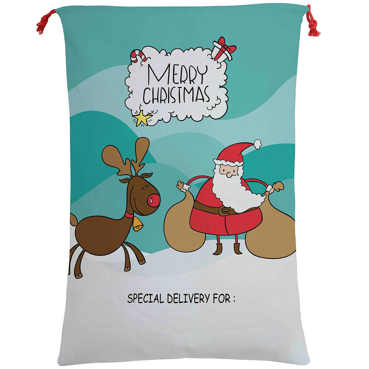 50x70cm Canvas Hessian Christmas Santa Sack Xmas Stocking Reindeer Kids Gift Bag, Cartoon Santa w Reindeer (B) V474-462270
