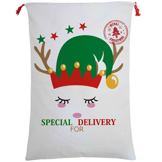 50x70cm Canvas Hessian Christmas Santa Sack Xmas Stocking Reindeer Kids Gift Bag, Cream - Cute Reindeer V474-462279