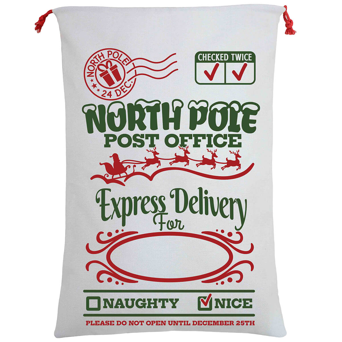50x70cm Canvas Hessian Christmas Santa Sack Xmas Stocking Reindeer Kids Gift Bag, Cream - North Pole Express V474-462282