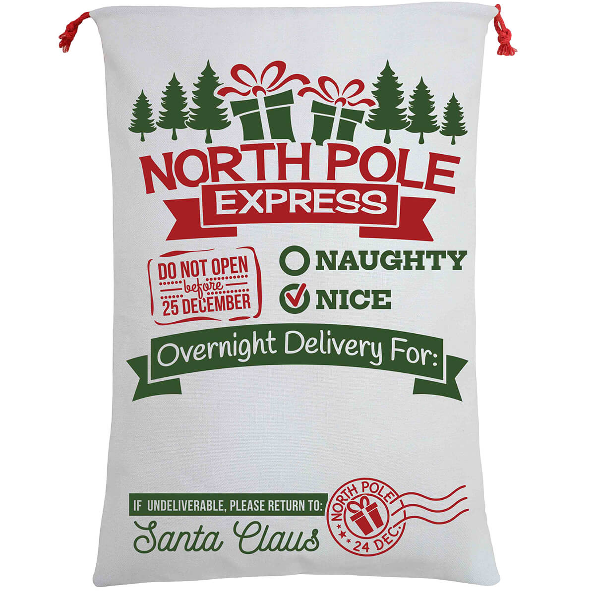 50x70cm Canvas Hessian Christmas Santa Sack Xmas Stocking Reindeer Kids Gift Bag, Cream - North Pole Express V474-462284