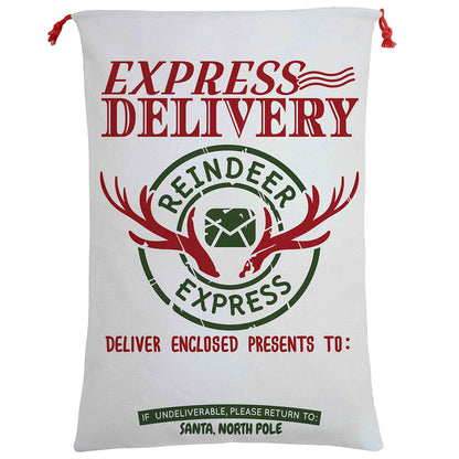50x70cm Canvas Hessian Christmas Santa Sack Xmas Stocking Reindeer Kids Gift Bag, Cream - Reindeer Express (B) V474-462288