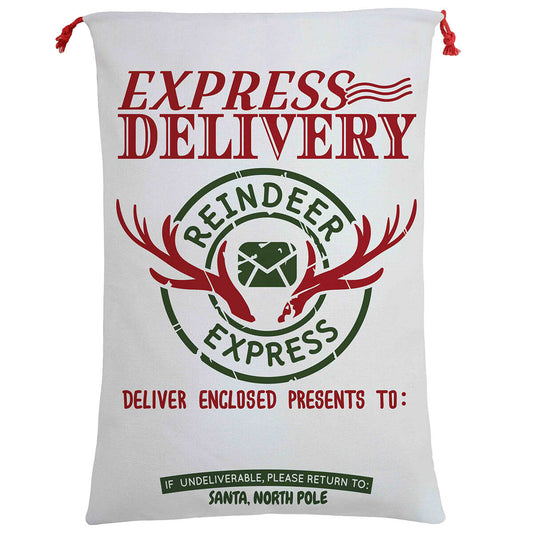 50x70cm Canvas Hessian Christmas Santa Sack Xmas Stocking Reindeer Kids Gift Bag, Cream - Reindeer Express (B) V474-462288