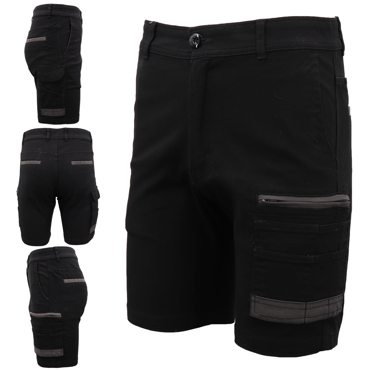 Mens Cargo Cotton Drill Work Shorts UPF 50+ 13 Pockets Tradies Workwear Trousers, Black, 36 V474-497275
