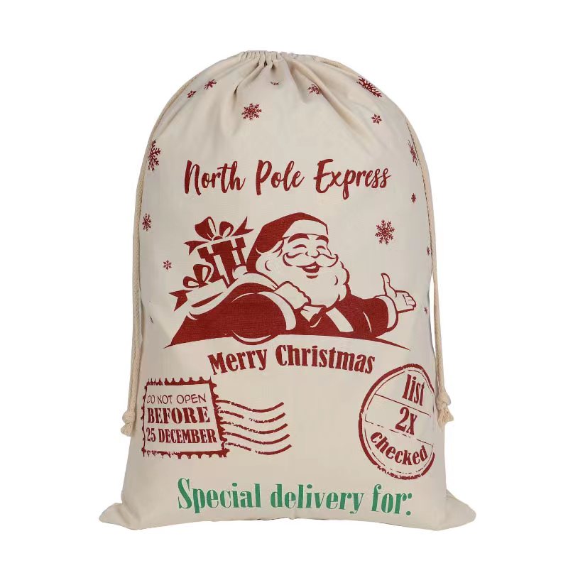 50x70cm Canvas Hessian Christmas Santa Sack Xmas Stocking Reindeer Kids Gift Bag, Cream - North Pole Express V474-542248