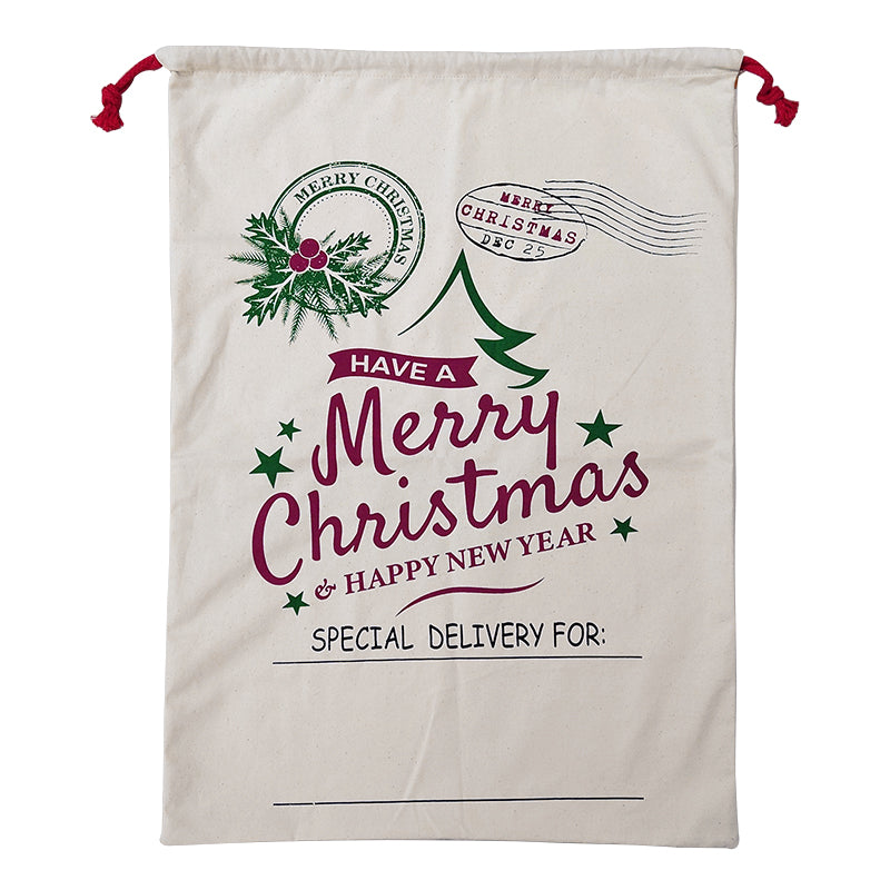 Large Christmas XMAS Hessian Santa Sack Stocking Bag Reindeer Children Gifts Bag, Cream - Happy New Year V474-546943
