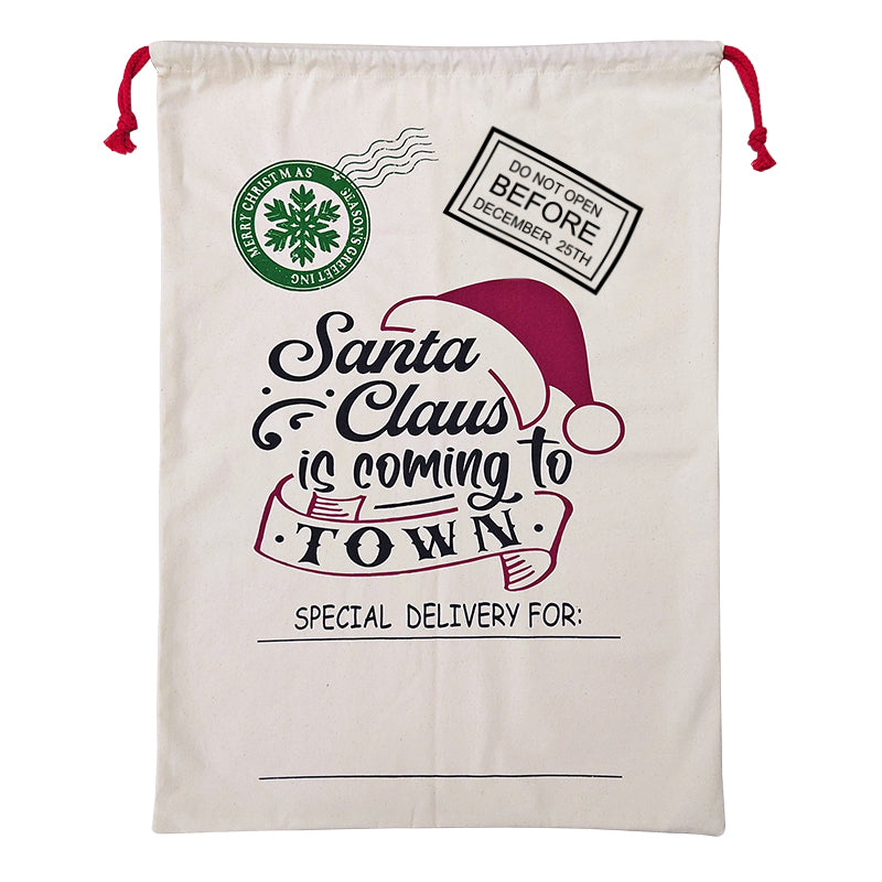 50x70cm Canvas Hessian Christmas Santa Sack Xmas Stocking Reindeer Kids Gift Bag, Cream - Santa Coming To Town V474-546964
