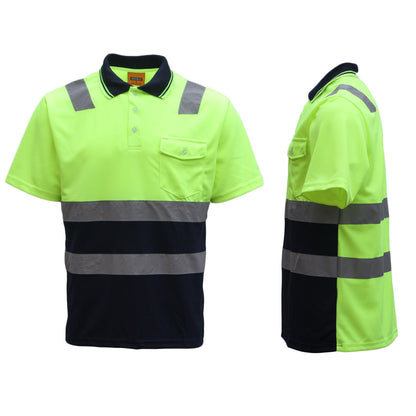 HI VIS Short Sleeve Workwear Shirt w Reflective Tape Cool Dry Safety Polo 2 Tone, Fluoro Yellow / Navy, 4XL V474-553670