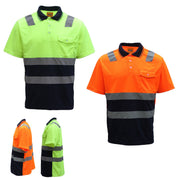 HI VIS Short Sleeve Workwear Shirt w Reflective Tape Cool Dry Safety Polo 2 Tone, Fluoro Yellow / Navy, 4XL