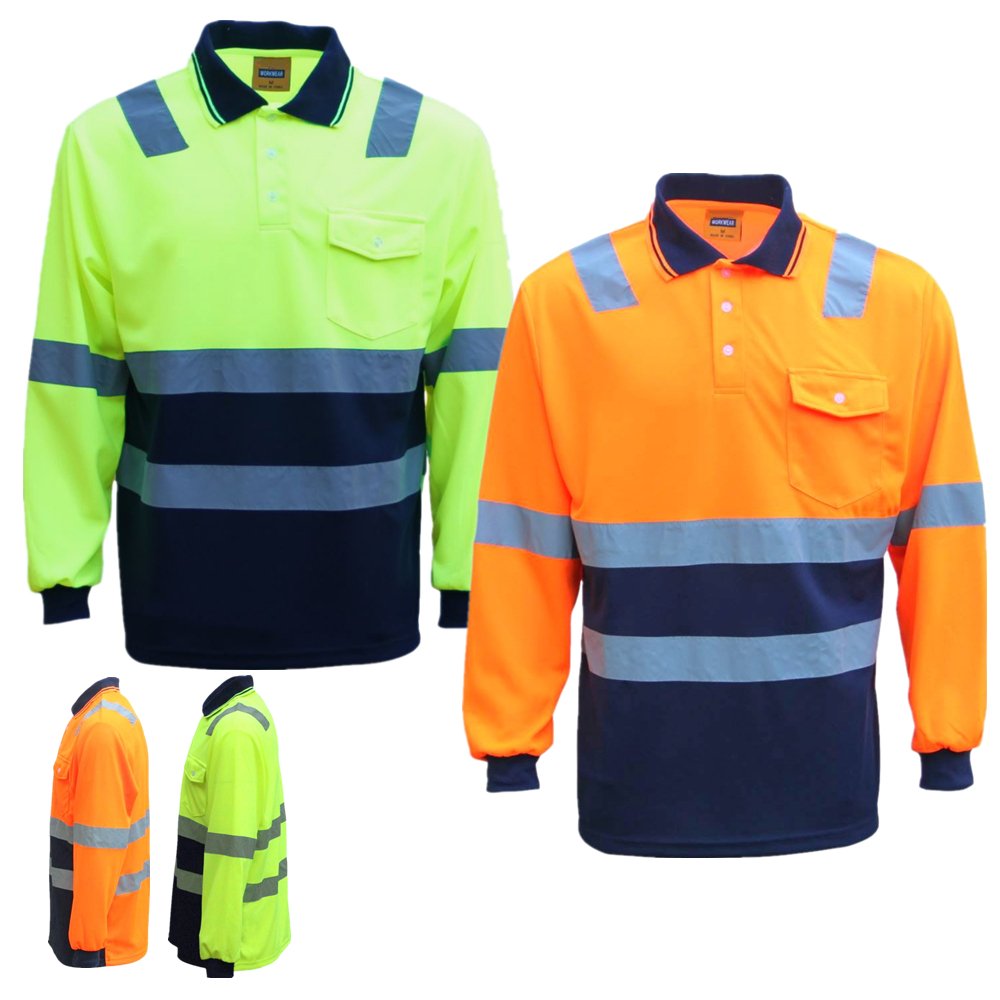 HI VIS Long Sleeve Workwear Shirt w Reflective Tape Cool Dry Safety Polo 2 Tone, Fluoro Yellow /Navy, 4XL V474-553689