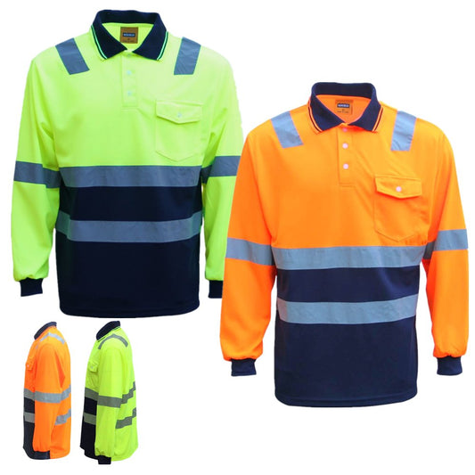 HI VIS Long Sleeve Workwear Shirt w Reflective Tape Cool Dry Safety Polo 2 Tone, Fluoro Yellow /Navy, 4XL V474-553689