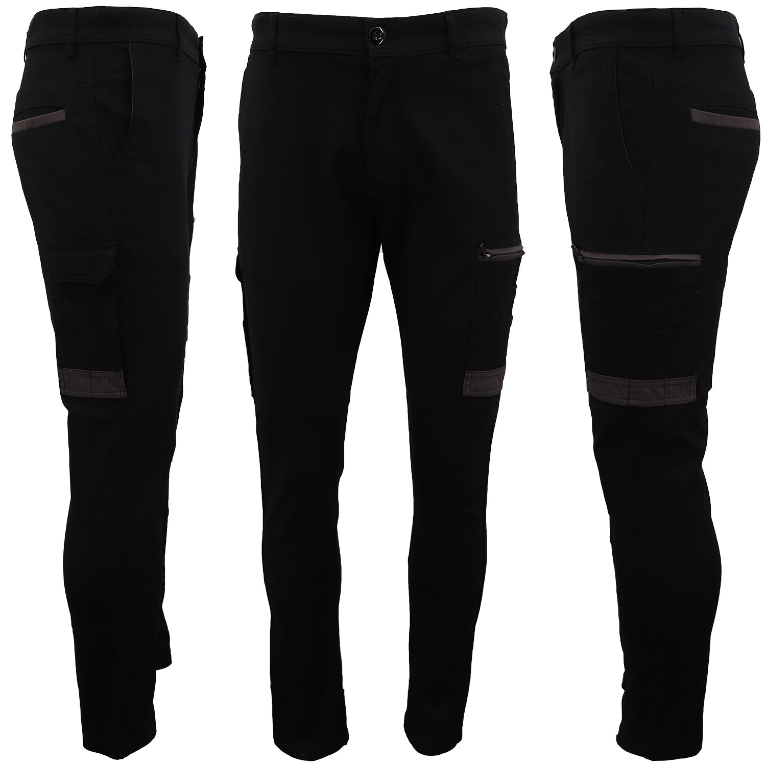 Men's Cotton Drill Cargo Work Pants UPF 50+ 13 Pockets Tradies Workwear Trousers, Black, 32
