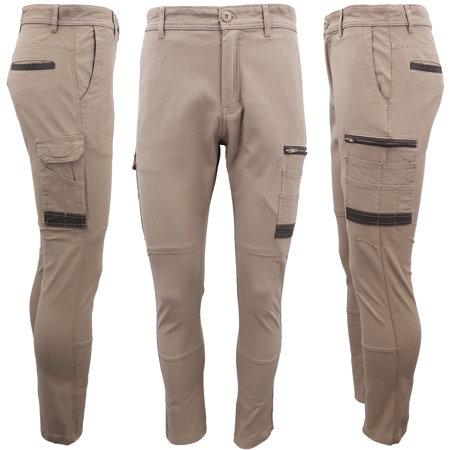 Men's Cotton Drill Cargo Work Pants UPF 50+ 13 Pockets Tradies Workwear Trousers, Khaki, 32