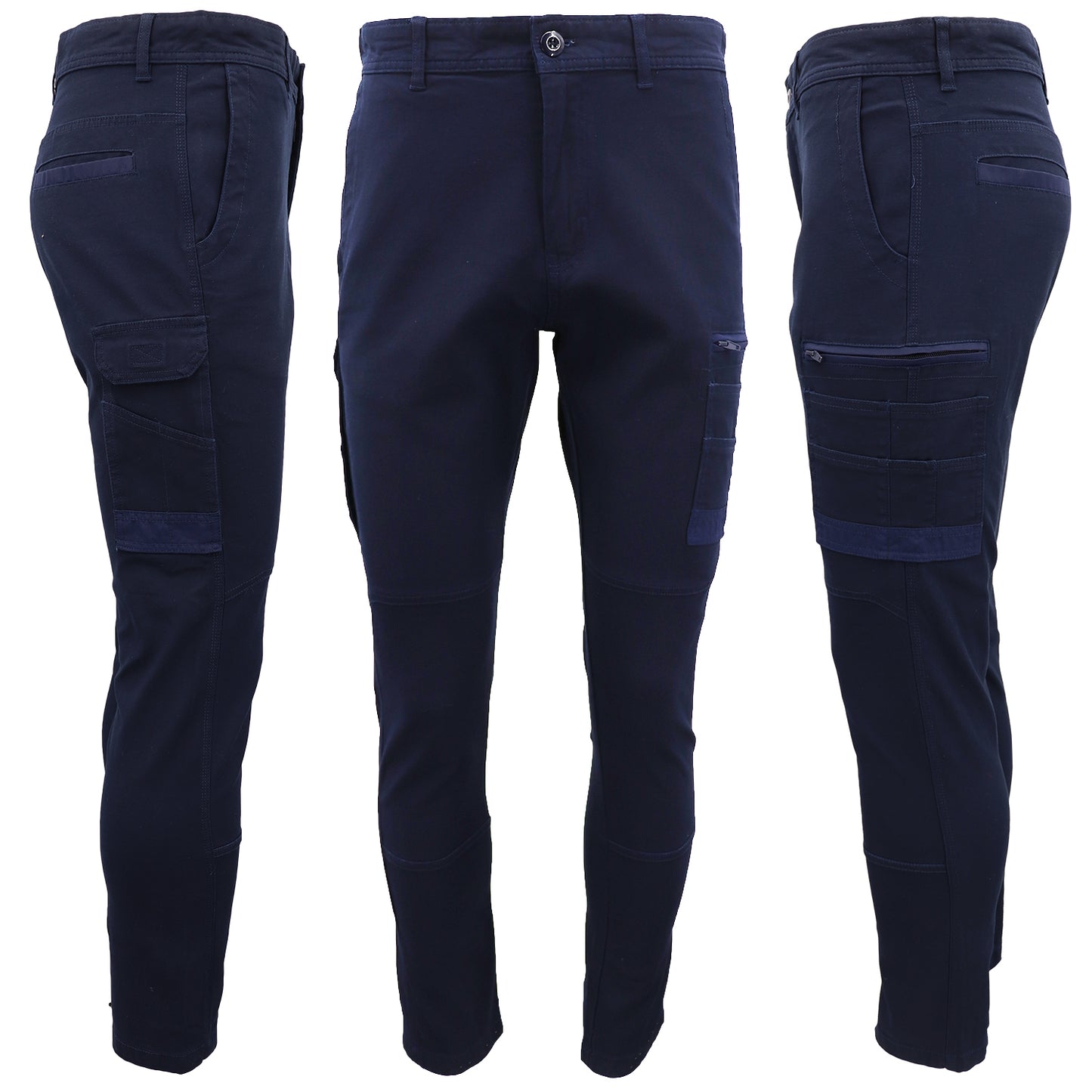 Men's Cotton Drill Cargo Work Pants UPF 50+ 13 Pockets Tradies Workwear Trousers, Navy, 34 V474-578415