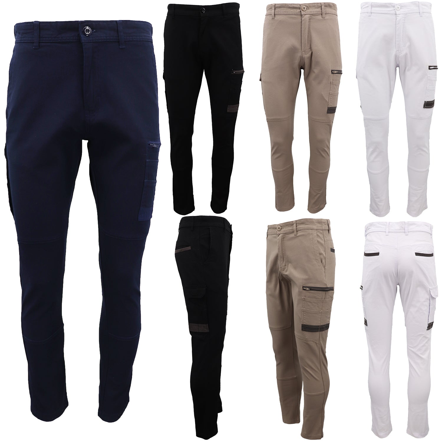 Men's Cotton Drill Cargo Work Pants UPF 50+ 13 Pockets Tradies Workwear Trousers, White, 36