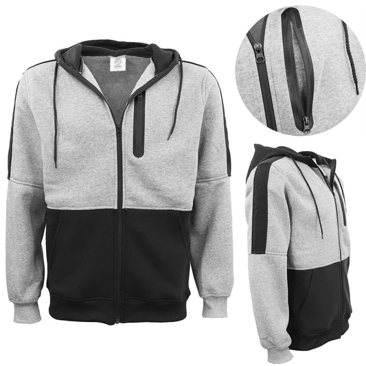 Men's Adult Full Zip Hoodie Jumper Active Two-Tone Jacket Coat Sports Zip Pocket, Black, M V474-604565