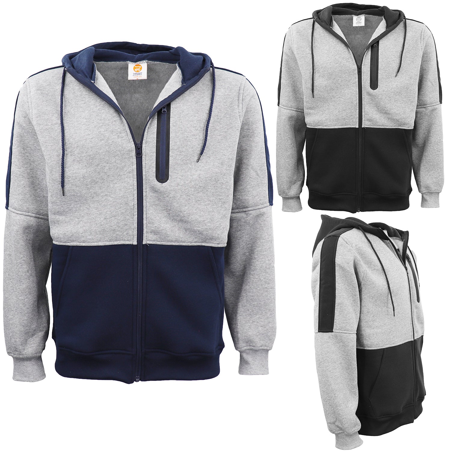 Men's Adult Full Zip Hoodie Jumper Active Two-Tone Jacket Coat Sports Zip Pocket, Black, M V474-604565