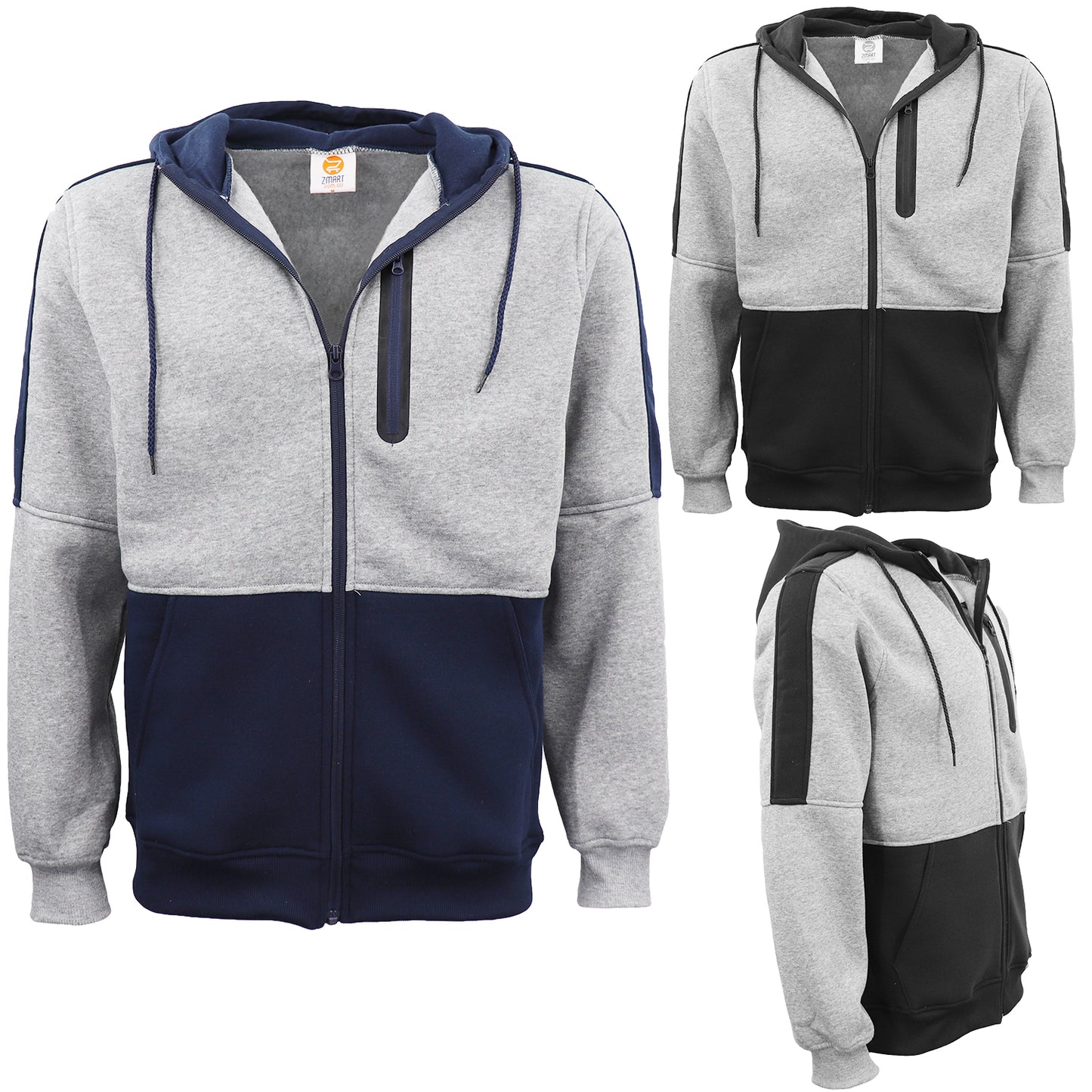 Men's Adult Full Zip Hoodie Jumper Active Two-Tone Jacket Coat Sports Zip Pocket, Black, XL V474-604567