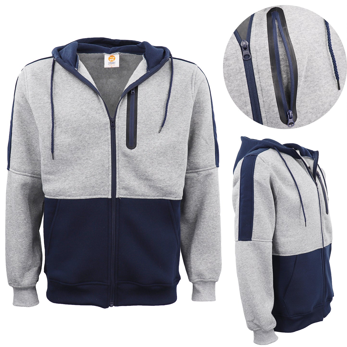 Men's Adult Full Zip Hoodie Jumper Active Two-Tone Jacket Coat Sports Zip Pocket, Black, 3XL V474-604569