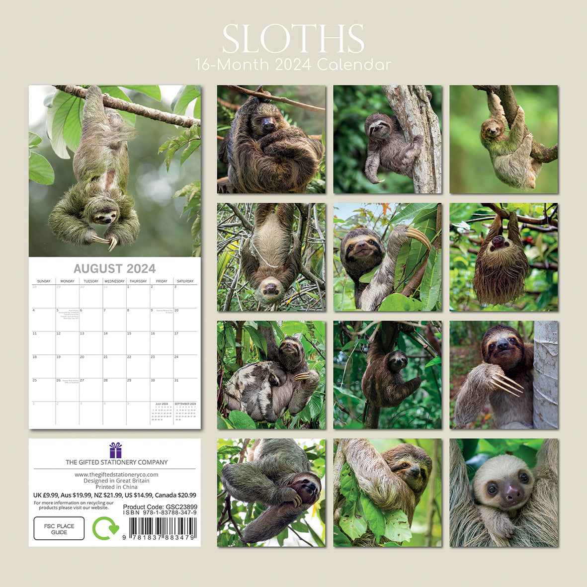 Sloths - 2024 Square Wall Calendar Pets Animals 16 Months New Year Gift Planner V474-615342