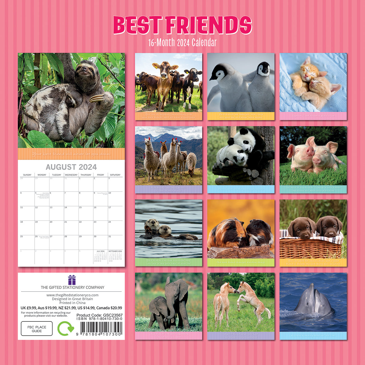 Best Friends - 2024 Square Wall Calendar Pets Animals 16 Months Premium Planner V474-615357