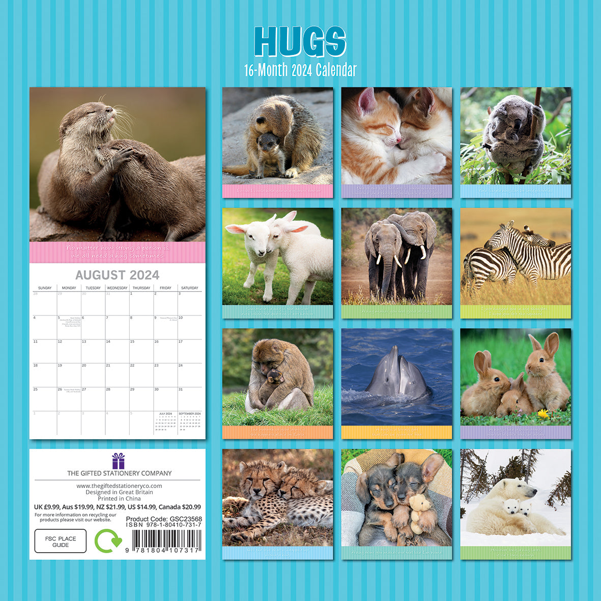 Hugs - 2024 Square Wall Calendar Pets Animals 16 Months Premium Planner New Year V474-615358